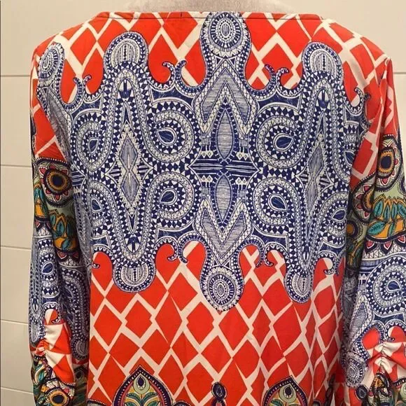 West Kei Orange and Blue Resort Wear Sundress with 3/4 Bishop Sleeves - Picture 7 of 10